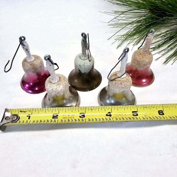 5 Vintage Glitter Snowy Metal Bells Christmas Tree Ornaments w/handle & clapper - Picture 2 of 11